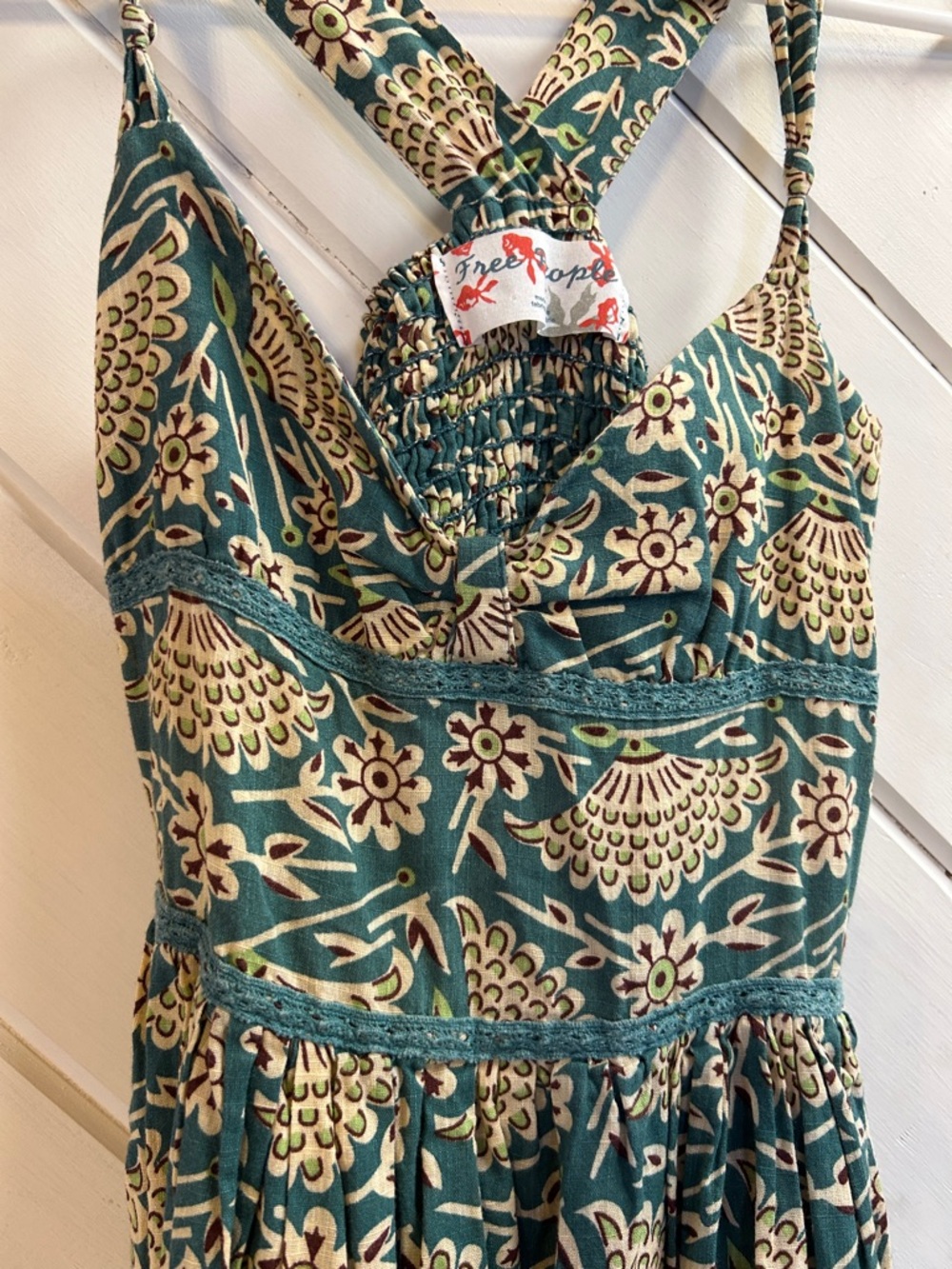 FREE PEOPLE Green Floral Halter Midi Cotton Dress with White Eyelet Trim - Picture 5 of 13